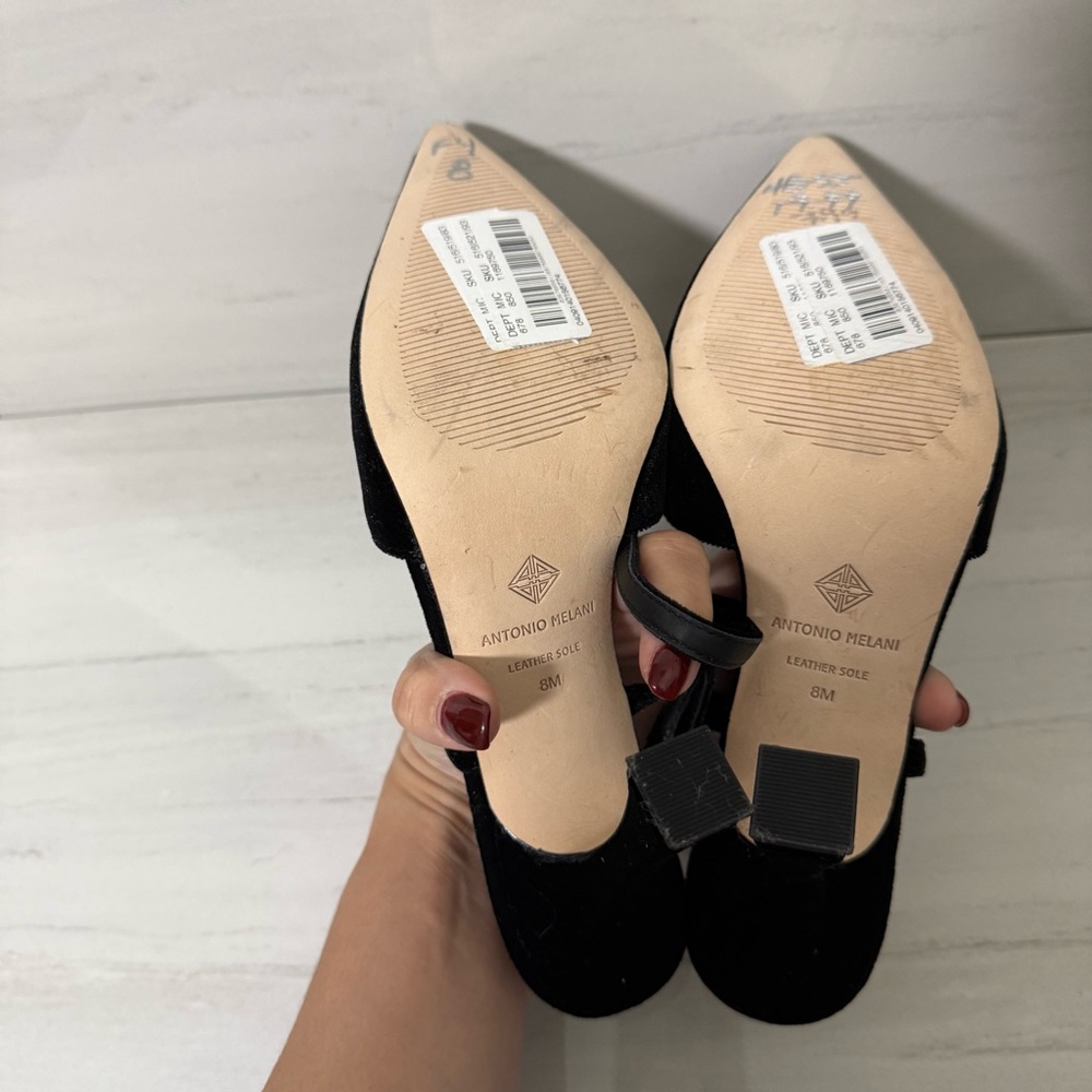 Antonio Melani Black Velvet Embellished Heels Elegant Strappy Pointed Toe Pumps - Picture 6 of 8